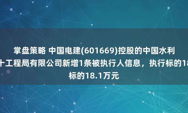 掌盘策略 中国电建(601669)控股的中国水利水电第十工程局有限公司新增1条被执行人信息，执行标的18.1万元
